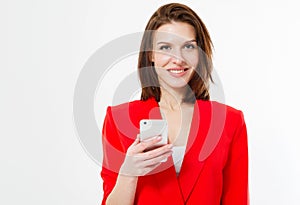 Happy brunette woman in red suit isilated on white background