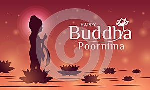 Happy buddha poornima with The baby Buddha stood on the lotus flower and pointed his finger in the sky vector design