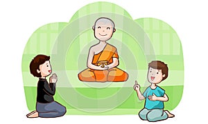 Happy buddhist monk and follower photo