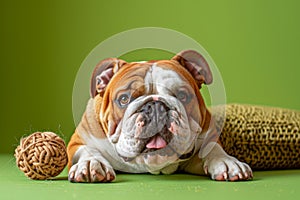 Happy bulldog lying down with a chew toy on a green background