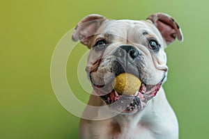 Happy bulldog playing with a durable eco-friendly ball against green background