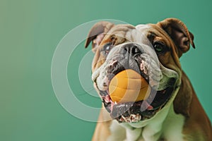 Happy bulldog playing with a durable toy against a green background