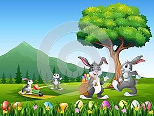 Happy bunnies playing on the nature background