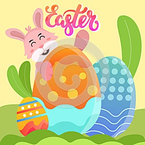 Happy bunny hidden on egg for Easter Day Celebration Poster Design with Printed Eggs and Cartoon Bunny on yellow Background