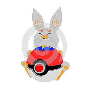 Happy bunny holding Pokeball. Cartoon bunny with colorful toy on white background.