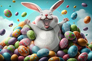 Happy bunny rabbit with easter eggs. Colorful Easter holiday celebration.