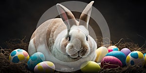 Happy bunny rabbit with easter eggs. Colorful Easter holiday celebration.