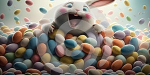 Happy bunny rabbit with easter eggs. Colorful Easter holiday celebration.