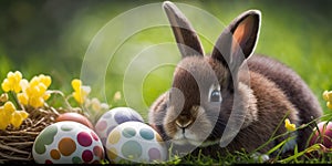 Happy bunny rabbit with easter eggs. Colorful Easter holiday celebration.