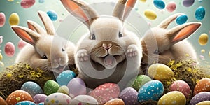 Happy bunny rabbit with easter eggs. Colorful Easter holiday celebration.