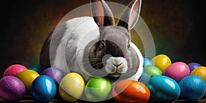 Happy bunny rabbit with easter eggs. Colorful Easter holiday celebration.