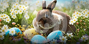 Happy bunny rabbit with easter eggs. Colorful Easter holiday celebration.