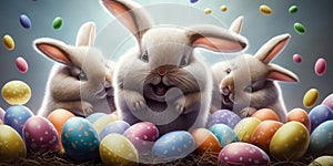 Happy bunny rabbit with easter eggs. Colorful Easter holiday celebration.