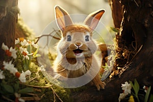A happy bunny in the sunlight in the forest