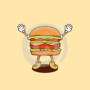 happy burger cartoon illustration, retro burger cartoon mascot vector illustration in happy jumping pose