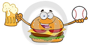 Happy Burger Cartoon Mascot Character Holding A Beer And Baseball Ball