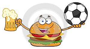 Happy Burger Cartoon Mascot Character Holding A Beer And Soccer Ball