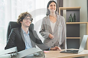 Happy business colleagues in office, Cheerful coworkers in office during company meeting