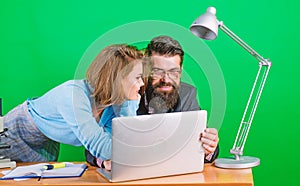So happy. business couple at computer. businessman and assistant solve problem. woman and man work in office at laptop