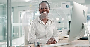 Happy, business and face of black woman with computer in office for crm, faq and schedule planning. Smile, portrait or