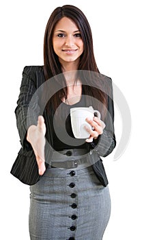 Happy business female holding coffee mug