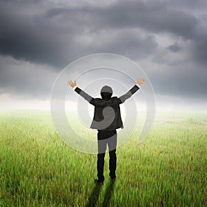 Happy business man in green fields and rainclouds