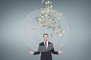 Happy business man with money rain against blue background