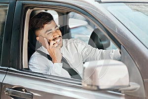 Happy business man, phone call and driving car for communication, mobile networking and chat in traffic. Indian male
