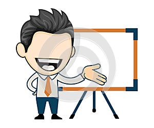 Happy business man at presentation standing in front of white board