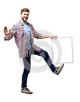 Happy business man presenting and showing with copy space for your text isolated on white