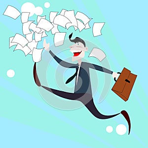 Happy Business Man Run Throw Documents, Success Concept