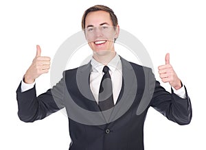 Happy business man showing thumbs up