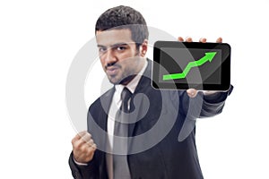 Happy Business man shows rising graph