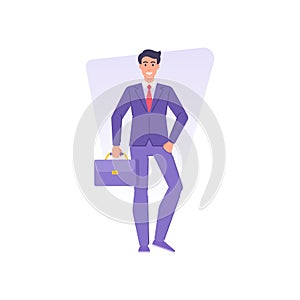 Happy business man in suit tie carrying briefcase standing with hand in pocket vector flat