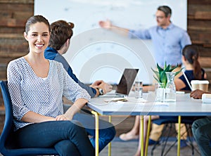 Happy business meeting, portrait and office woman listening to speaker presentation, report or training workshop