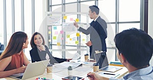 Happy business people meeting present graph chart investment, business data in meeting room. Group of business people meeting in