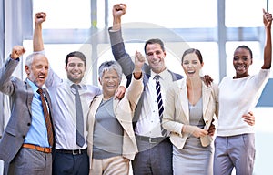 Happy business people, portrait or cheers for winning with collaboration target, goals or teamwork. Hands up, profit