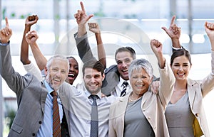 Happy business people, portrait or cheers for winning with collaboration target, success or teamwork. Hands up, profit