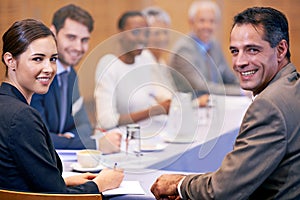 Happy, business people and portrait with team in boardroom, meeting or discussion at the office. Group of corporate
