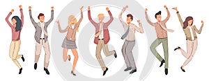 Happy business people rejoice and jump for joy vector illustration. Cheerful employees