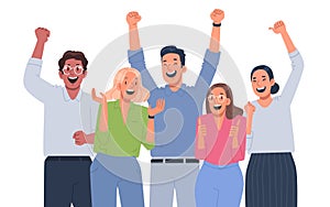 Happy business team celebrating victory. Colleagues rejoice in success and achievements. The concept of successful teamwork