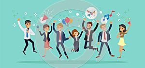 Happy business team jumping. Karaoke party celebration concept cartoon illustration