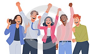 Happy business team rejoices, colleagues raised their hands up and rejoice in success and achievements