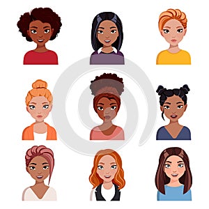 Happy business woman avatar set. Different ethnic women characters collection. Isolated vector illustration pack