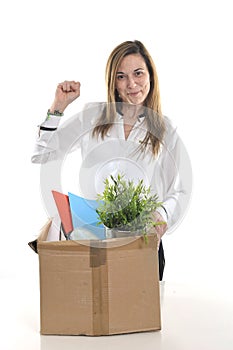 Happy Business Woman carrying Cardboard Box fired from Job