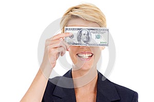 Happy business woman with cash on face, dollars and bonus prize giveaway isolated on white background. Money loan