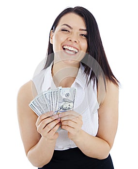 Happy business woman with cash in hand