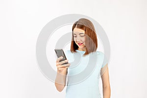 Happy business woman with a cell phone. Isolated on white background