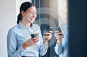 Happy business woman, coffee and phone for communication, social media or networking at office. Female person or