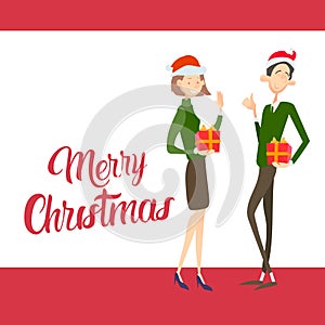 Happy Business Woman Hold Present Box Gift Merry Christmas And New Year